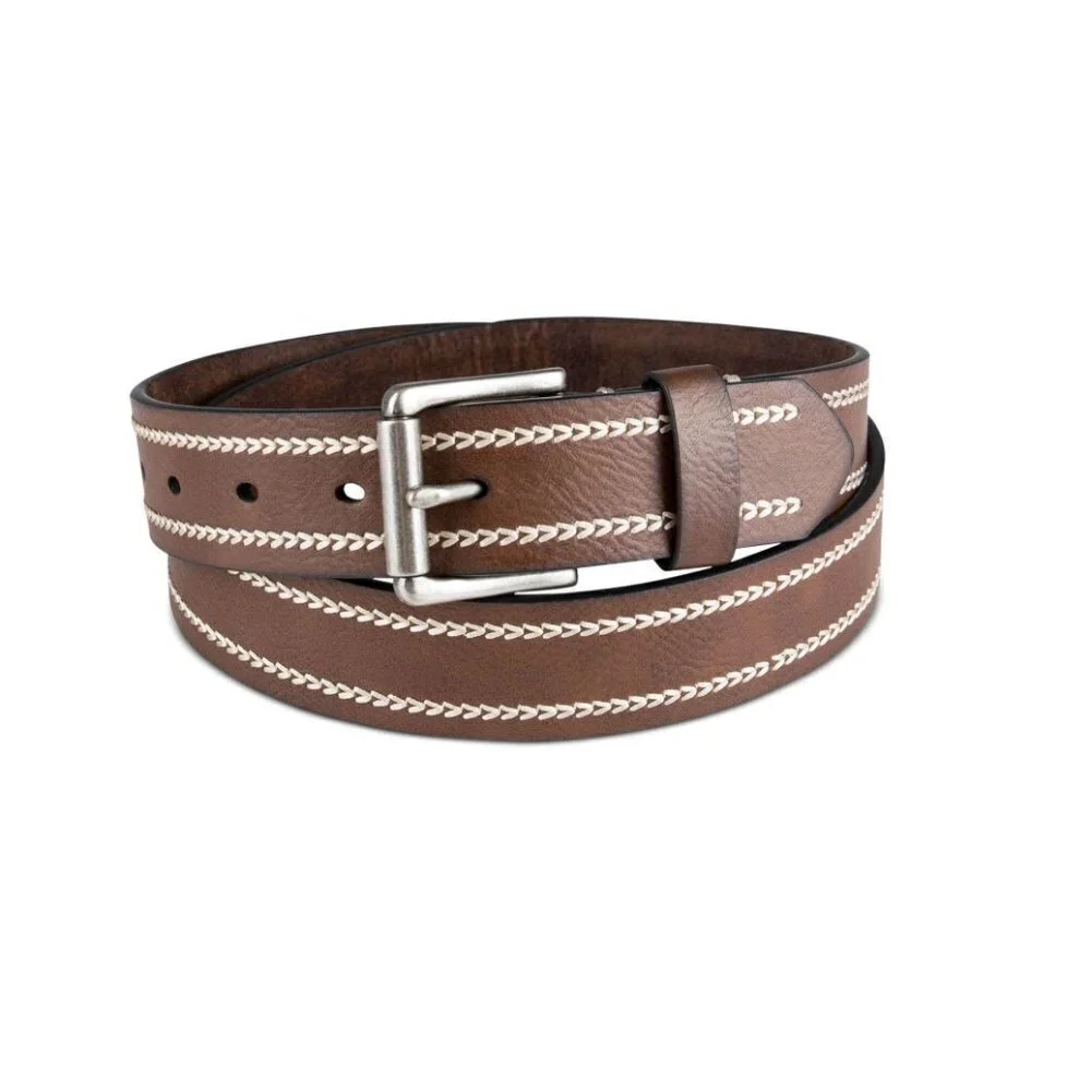 Sun Stone Mens Brown Heavy Stitch Faux Leather Belt Size S (30-32)